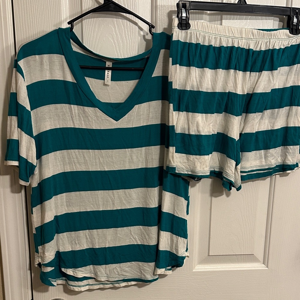 Emerald Teal and White Striped Pajama Set